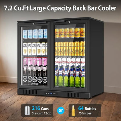 ORYMUSE 36 Inch Commercial Back Bar Cooler with 2 Glass Doors, 7.2 Cu.Ft Under Counter Beverage Refrigerator with Safety Lock and LED Light for Bar, Restaurant and Home, Black