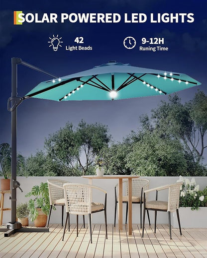 GarveeLife 10FT Patio Umbrella Outdoor Solar LED Large Cantilever Umbrella Market Sun Shade Windproof Offset Umbrella with 360-Degree Rotation for Garden Deck Pool Patio