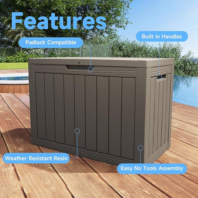 55-Gallon Outdoor Storage Box, Waterproof Deck Box for Patio Cushions, Garden Tools, Pool Accessories, Lockable Outside Storage Bin for Backyard & Deck (Grey)