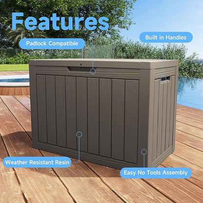 Pepe Tee Waterproof Resin Deck Box, Outdoor Storage Bin for Patio Furniture Cushions, All-Weather Garden Organizer & Seating Bench, Coffee