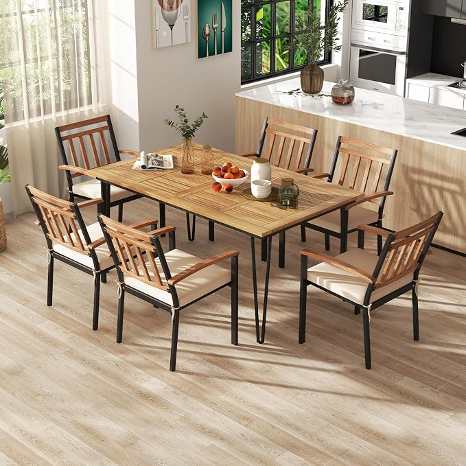 Tangkula 63" Large Patio Dining Table for 6, Acacia Wood 6-Person Dining Table with 2" Umbrella Hole & Metal Legs & Adjustable Foot Pads, Rectangular Outside Table for Garden, Poolside & Backyard