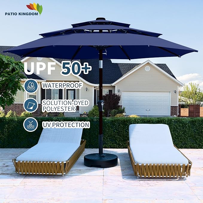 PatioKingdom 9ft 3-Tier Patio Market Umbrella with Crank/Tilt, Commercial Heavy Duty Wind Proof,Outdoor Table Umbrella with 8 Fiberglass Ribs,UPF50+ for Deck,Pool,Garden,Backyard (Navy)