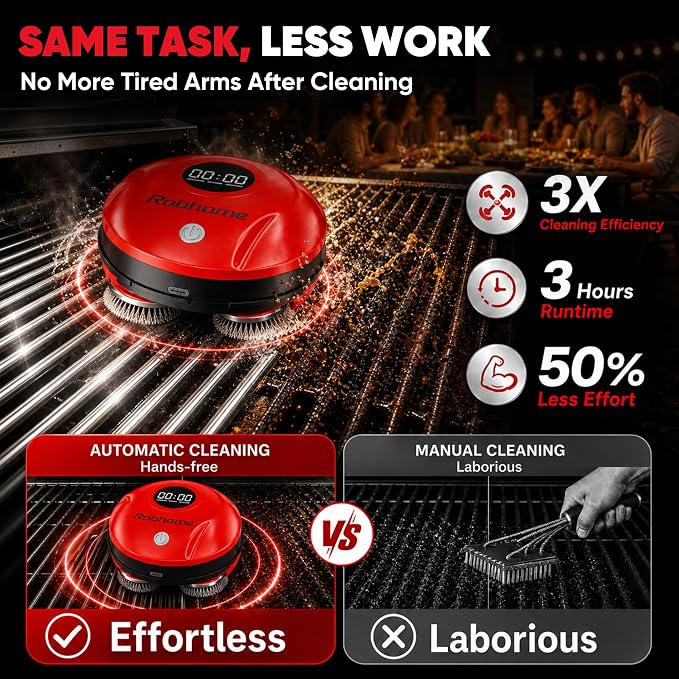 Grill Cleaning Robot, Electric Grill Brush with 4 Heads, 304 Stainless Steel Rotary Brush, Cordless Rechargeable BBQ Cleaner, 150Mins Runtime, 380 RPM, Automatic Grill Cleaner for Outdoor Grill, Red