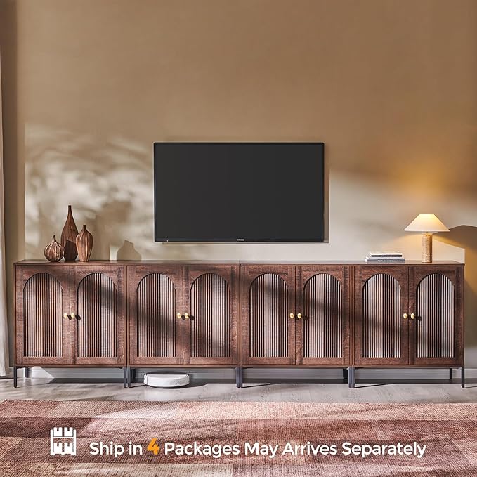 IFBUY Modern Sideboard Buffet Cabinet, 123.5" W Fluted Arched Buffet Cabinet with Storage and Adjustable Shelves, Wooden Modular Coffee Bar Cabinets for Kitchen, Entryway, Brown
