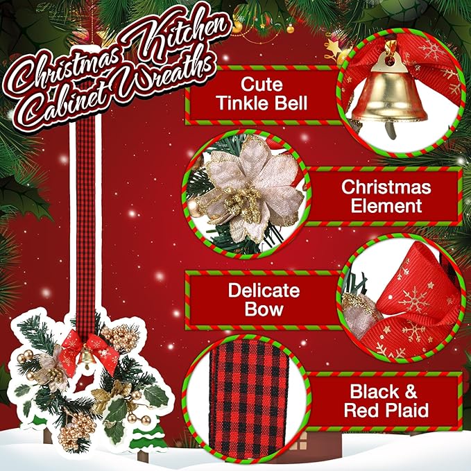 Zeyune 6 Pcs Small Christmas Wreaths for Kitchen Cabinets with Plaid Bow Ribbon Hanging Mini Christmas Cabinet Door Wreaths Decor for Kitchen Window Outdoor Indoor Holiday Decor, 14.96 x 7.87''
