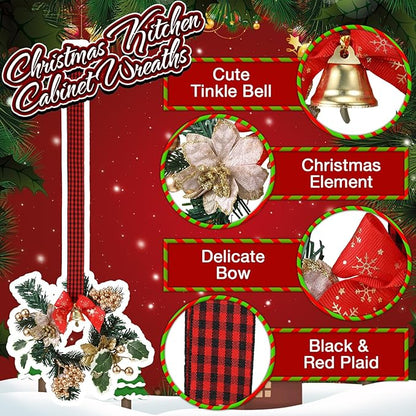 Zeyune 6 Pcs Small Christmas Wreaths for Kitchen Cabinets with Plaid Bow Ribbon Hanging Mini Christmas Cabinet Door Wreaths Decor for Kitchen Window Outdoor Indoor Holiday Decor, 14.96 x 7.87''