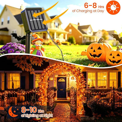 Orange Lights for Halloween Outdoor Solar String Lights Waterproof for Halloween Decorations, Total 100LED 45FT for Garden Yard Pathway Fence, 8 Modes 50LED x 2 Packs