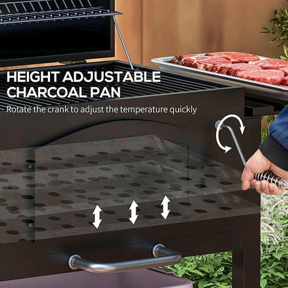 Charcoal BBQ Grill with Adjustable Height, Folding Side Shelves, Thermometer, Wheels & Storage Rack, Outdoor Barbecue Grill