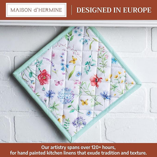 Maison d' Hermine Pot Holders 100% Cotton Heat Resistant Potholders 8" x 8" Hot Pads with Loop BBQ Cooking Baking Hotel Farmhouse Kitchen Handling Hot Pans Spring Summer (Pack of 1, Just Floral)