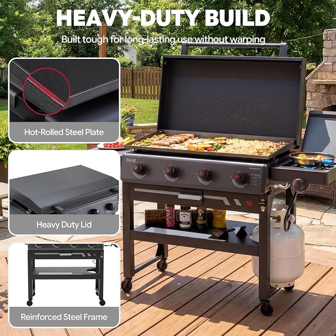 Feasto 36-Inch 4 Burner Propane Flat Top Grill with Hood and Side Burner | 720 Sq. In. Outdoor Griddle with Protective Hood, 50,000 BTU Main Burners, 13,000 BTU Lidded Side Burner, Folding Side Table