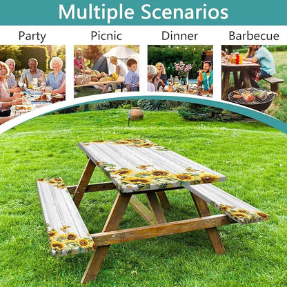Picnic Table Cover with Bench Covers Elastic Edges, White Wooden Sunflower Butterfly Fitted Table Cover, Outdoor Patio Camping Essentials 3PCS, Waterproof Camping Tablecloth with Drawstring Bag 60in