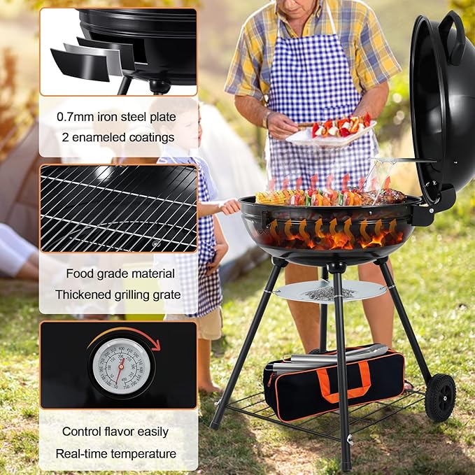 HaSteeL 22-Inch Kettle Charcoal Grill, Portable BBQ Gill with Wheels for Outdoors Barbecue, Camping, Picnic, Backyard, Tailgating, Beach, Storage Rack & 355 SQ.In Cooking Area, Black Porcelain Enamel