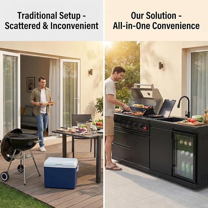 Modular Outdoor Kitchen Island, 6-Burner Gas Grill, 75300 BTU,Silver | 304 Stainless Steel,Garden Outdoor Cooking Backyard, Side Burners Sink,Wine,Cooler,Refrigerator,Rotisserie Kit