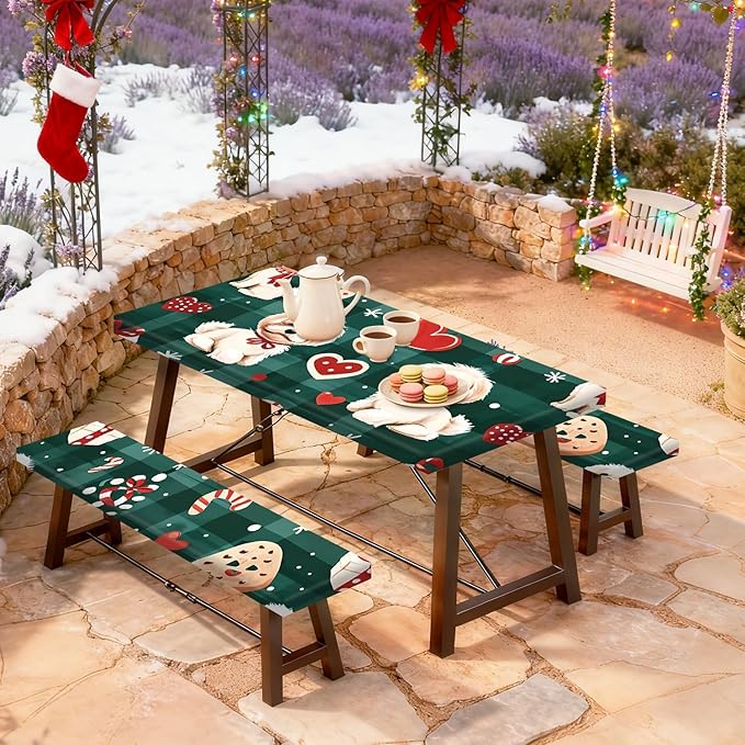 Christmas Picnic Table Cover with Bench Covers Set, Elastic Fitted Tablecloth for Outdoor Picnic Tables, Green Plaid Design with Cute Puppy and Heart Pattern, Durable Vinyl Cover for Campin