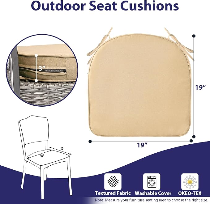 IPYNBAP Outdoor Chair Cushions Set of 4 -Waterproof Outdoor Seat Cushions for Patio Furniture, Patio Chair Cushion with Handle and Ties, Out Door Chair Pads,19x19x3-Round, Beige