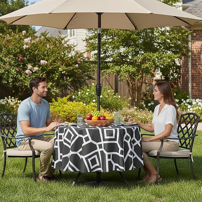 LUSHVIDA Moroccan Outdoor Round Tablecloth with Umbrella Hole and Zipper, 60 Inch Black, Waterproof Wrinkle Free Table Cloth Decorative Fabric Washable Table Cover for Patio, Party, Picnic