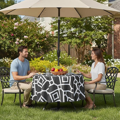 LUSHVIDA Moroccan Outdoor Round Tablecloth with Umbrella Hole and Zipper, 60 Inch Black, Waterproof Wrinkle Free Table Cloth Decorative Fabric Washable Table Cover for Patio, Party, Picnic