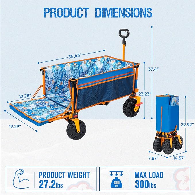 300lbs Extra Long 49" L Beach Wagon with Big Wheels with Brake for Sand, Collapsible Utility Beach Cart Heavy Duty Folding Wagon,Ideal for Outdoor Sand Camping Garden Pet