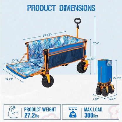 300lbs Extra Long 49" L Beach Wagon with Big Wheels with Brake for Sand, Collapsible Utility Beach Cart Heavy Duty Folding Wagon,Ideal for Outdoor Sand Camping Garden Pet