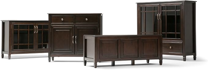 SIMPLIHOME Connaught 46" Solid Wood Tall Cabinet in Dark Chestnut Brown | Traditional tall console cabinet with glass doors, adjustable shelves and drawers for living or dining room storage.