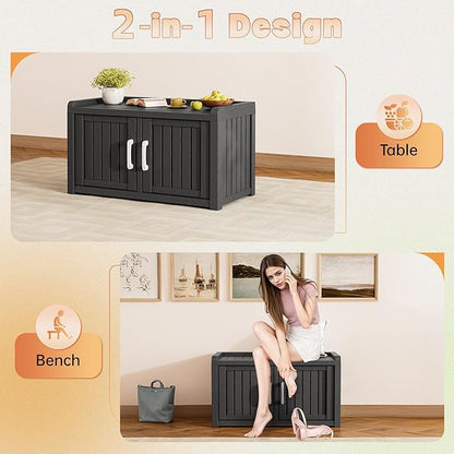 Bifanuo Shoe Storage Cabinet, 2-Door Outdoor Storage Bench with Adjustable Shelves, Waterproof UV-Resistant for Hallway, Living Room, Entryway, Large Capacity Modern Organizer (Black)