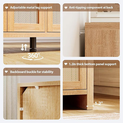 Rattan Buffet Cabinet with Storage, Sideboard Cabinet with Doors and Adjustable Shelves, Farmhouse Coffee Bar Station Table, Modern Wood Cupboard for Kitchen, Livingroom and Dining Room