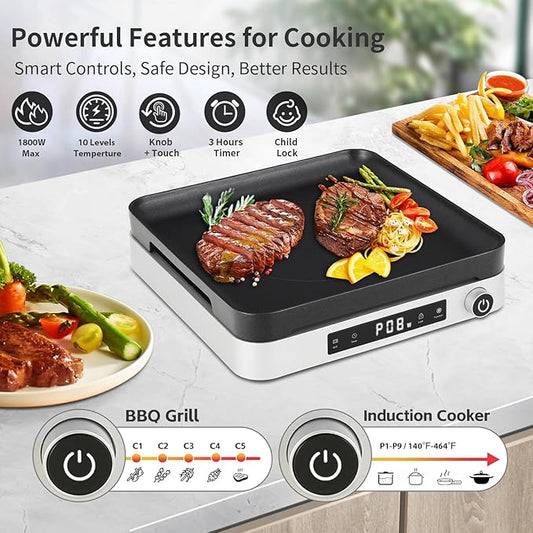 Cooktron 2-in-1 Induction Cooktop with Grill Pan – Portable 1 Burner Induction Hot Plate 1800W, Removable Griddle, 10 Power & 5 Temp Levels, Touch & Knob Control for Kitchen or RV Camping