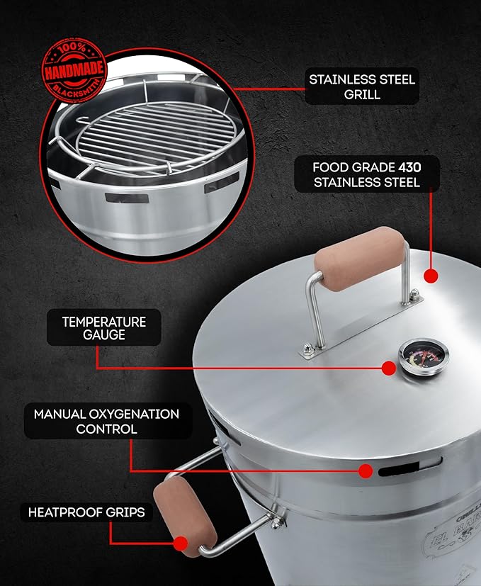EL BARRIL 60LBS Lite Large Barrel Smoker Grill – Juicy, Even BBQ Every Time, 430 Stainless Steel, Vertical Charcoal Barrel Grill and Rust-Resistant Design, Perfect for Family, Parties & Outdoor