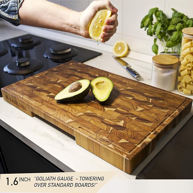 Teak Wood Cutting Board, 19.7 x 12.2 Inch (ExtraThick 1.7") Hardwood Butcher Block for Meat, Cheese, Charcuterie Board. End Grain Non Toxic Wood Chopping Board with Handle (Oil & Plate Included)