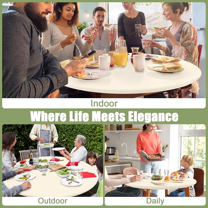 Smiry Round Spandex Tablecloth, Elastic Fitted Washable Tablecloths for 18"-24" Tables, Waterpoof Stretch Picnic Table Cover for Dining, Indoor and Outdoor, Beige