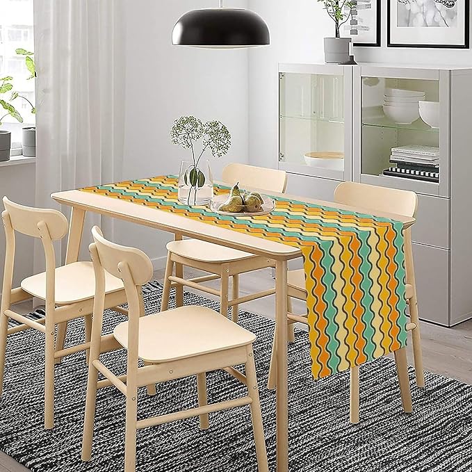 Orange Yellow Turquoise Coffee Table Runner for Kitchen Dining Table Mid Century Geometric Stripes for Kitchen Dining Modern Tables Decor 13x120in