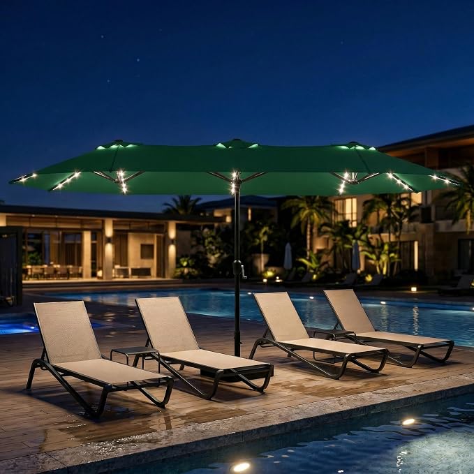 15ft Large Patio Umbrella with Solar Lights and Base, Double-Sided Outdoor Rectangle Umbrella with 48 LED Lights, Market Table Umbrellas with UV Resistant Canopy