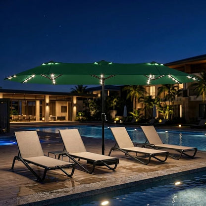 15ft Large Patio Umbrella with Solar Lights and Base, Double-Sided Outdoor Rectangle Umbrella with 48 LED Lights, Market Table Umbrellas with UV Resistant Canopy