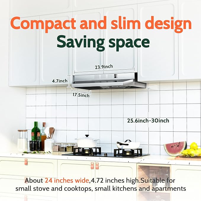 FIREGAS 24 inch Range Hood Under Cabinet, 300CFM Ducted/Ductless Convertible Kithen Hood in Stainless Steel with 2 watt LED Light and Filter, 2 fan speeds, hassle-free installation
