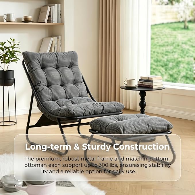 Rocking Chair with Ottoman, Modern Metal Frame Outdoor Rocker, Comfy Patio Lounge Chair with Footrest, Reading Glider Chairs for Living Room, Bedroom, Balcony, Garden, Relax, Grey