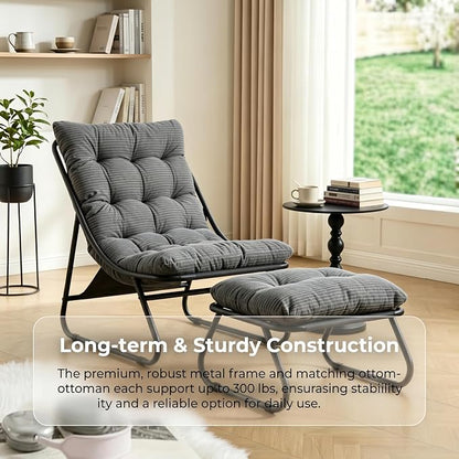 Rocking Chair with Ottoman, Modern Metal Frame Outdoor Rocker, Comfy Patio Lounge Chair with Footrest, Reading Glider Chairs for Living Room, Bedroom, Balcony, Garden, Relax, Grey
