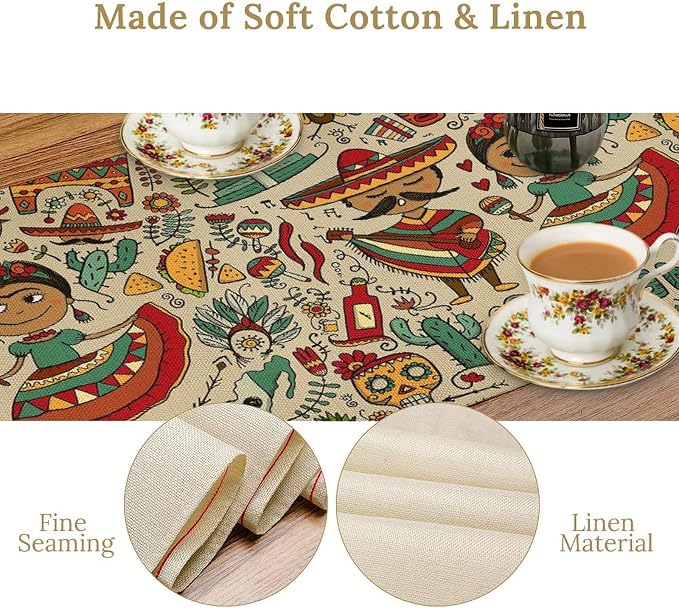 Traditional Mexican Style Table Runner, Exotic Skull Cactus Tribe Dance Music Theme Pattern for Kitchen CoffeeTea Table Dinner Room 13x108 Inch