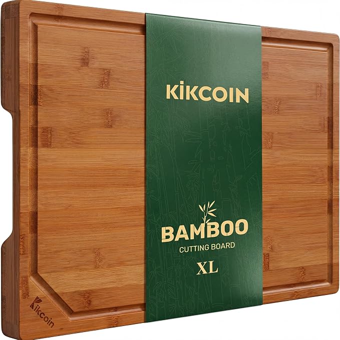 Kikcoin 17”×11” Deep-Carbonized Bamboo Cutting Boards for Kitchen, Healthy Wooden Cutting Boards for Kitchen, Charcuterie, Vegetables, Extra Large Chopping Boards with Deep Juice Groove and Handle