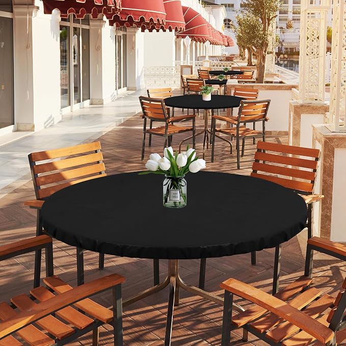 LUSHVIDA Round Waterproof Table Cover Elastic Vinyl Fitted Tablecloth Elastic Edged Plastic Table Cloth (Black, 4PCS Best for Up to 36"-44" Round)