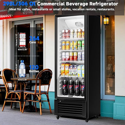 BODEGACOOLER Beverage Refrigerator, 290L/306 Qt Commercial Refrigerator For Kitchen, Home,Office and Garage, 264 Cans & 120 Bottles Display Refrigerator For Beer,Soda, Bar Cooler with Soft LED Light.