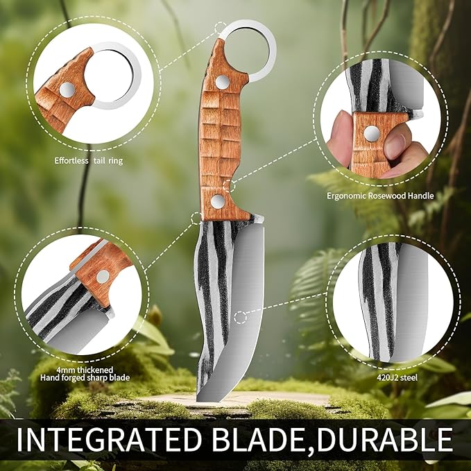Plys Survival Knife 4” Full Tang Fixed Blade - Stainless Steel Hunting Camping Knife with Ergonomic Rosewood Handle & PU Leather Sheath for Outdoor Survival BBQ EDC