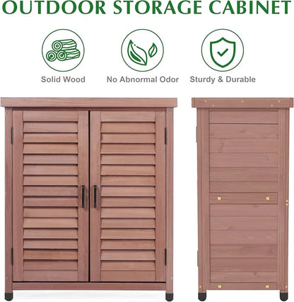 Outdoor Storage Cabinet & Potting Bench Table with Metal Top, Wooden Patio Furniture, Garden Workstation (Dark Brown, 36x31x17in)