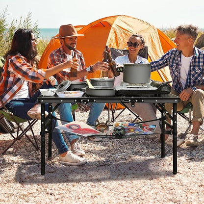 REDCAMP Small Triple fold Folding Grill Table for Outside, 3 Heights Adjustable Lightweight Portable Metal Frame Outdoor Table for Camping Picnic Cooking BBQ, Black, 34x16 inches