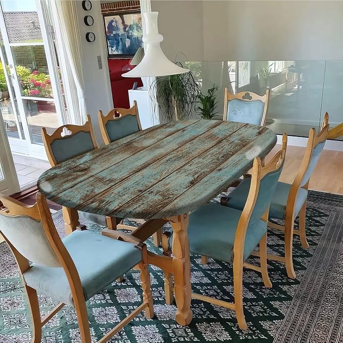 Wood Grain Fitted Oval Tablecloths, Green Rustic Weathered Wooden Planks Windproof Polyester Table Covers, Fits to 52x70 in Tables, Table Cloths for Indoor Restaurant Outdoor Terrace Dining Decor