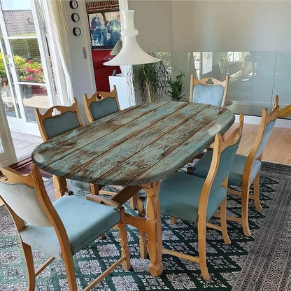Wood Grain Fitted Oval Tablecloths, Green Rustic Weathered Wooden Planks Windproof Polyester Table Covers, Fits to 52x70 in Tables, Table Cloths for Indoor Restaurant Outdoor Terrace Dining Decor