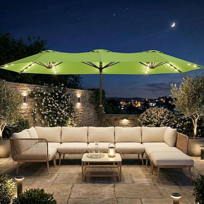 15FT Large Outdoor Patio Umbrella with Solar Lights and Base, Double-Sided Table Umbrellas with 48 LED Lights, Rectangle Market Umbrella for Pool, Deck, Backyard