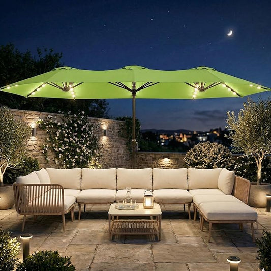 15FT Large Outdoor Patio Umbrella with Solar Lights and Base, Double-Sided Table Umbrellas with 48 LED Lights, Rectangle Market Umbrella for Pool, Deck, Backyard