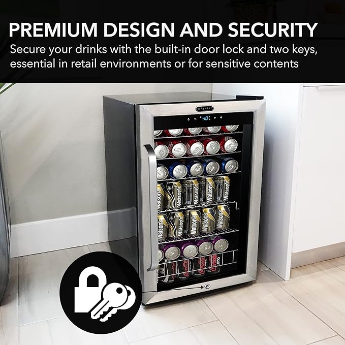 Whynter Beverage Refrigerator with Double-Layer Glass Door, 136-Can 3.4 Cu. Ft. Drink Mini Fridge with Lock & Digital Control, BR-1211DS, Stainless Steel