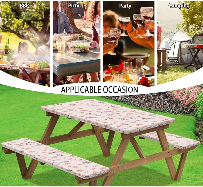 Picnic Table Cover for Outdoor BBQ Camping Floral Leave Elastic Picnic Table Cover with Bench Covers for Camping Party Supplies