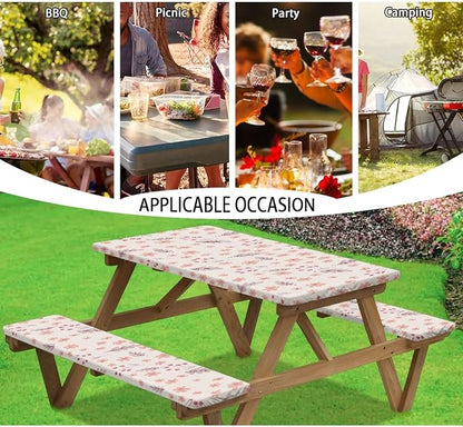 Picnic Table Cover for Outdoor BBQ Camping Floral Leave Elastic Picnic Table Cover with Bench Covers for Camping Party Supplies